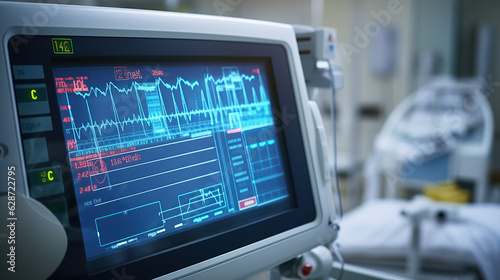 During a surgical operation in the hospital theater room, the heart rate and patient condition are monitored using a control monitor.