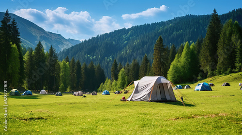  a tourist camp is situated on a green meadow with fresh grass. illustrating an active lifestyle, outdoor activity, vacation, sports, and recreation concept.