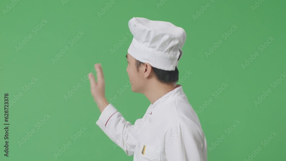 Side View Of Asian Man Chef Walking And Waving Hand In The Green Screen Background Studio
Side View Of Asian Man Chef Walking And Waving Hand In The Green Screen Background Studio
