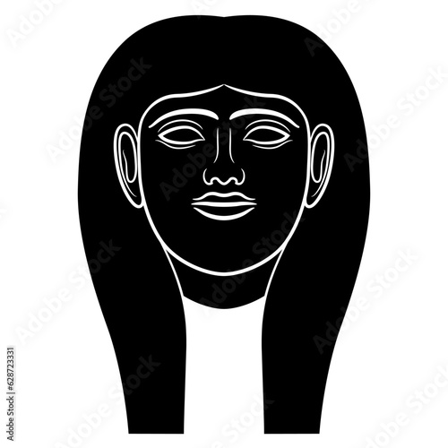 Head of a beautiful ancient Egyptian woman or goddess wearing a wig. Female ethnic mask. Black and white negative silhouette.