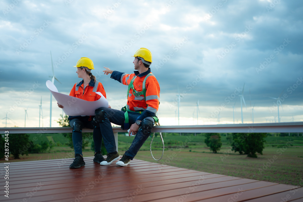 Engineer and technician discussing blueprint on the building site with wind turbine background Engineer and technician discussing blueprint on the building site with wind turbine background