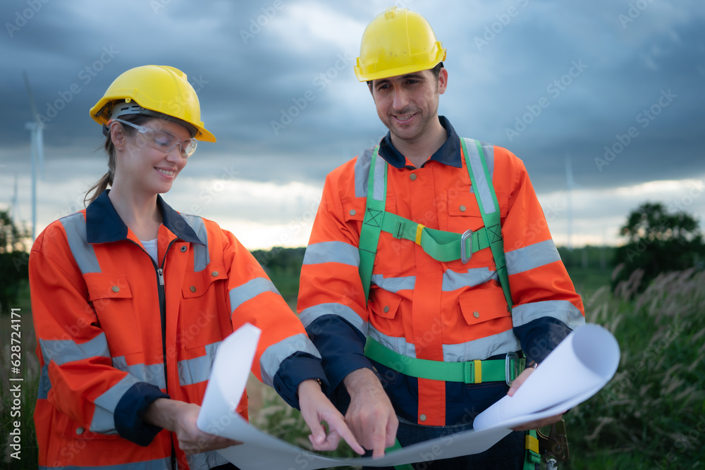 Two engineers working on a construction site with wind turbines in the background Two engineers working on a construction site with wind turbines in the background