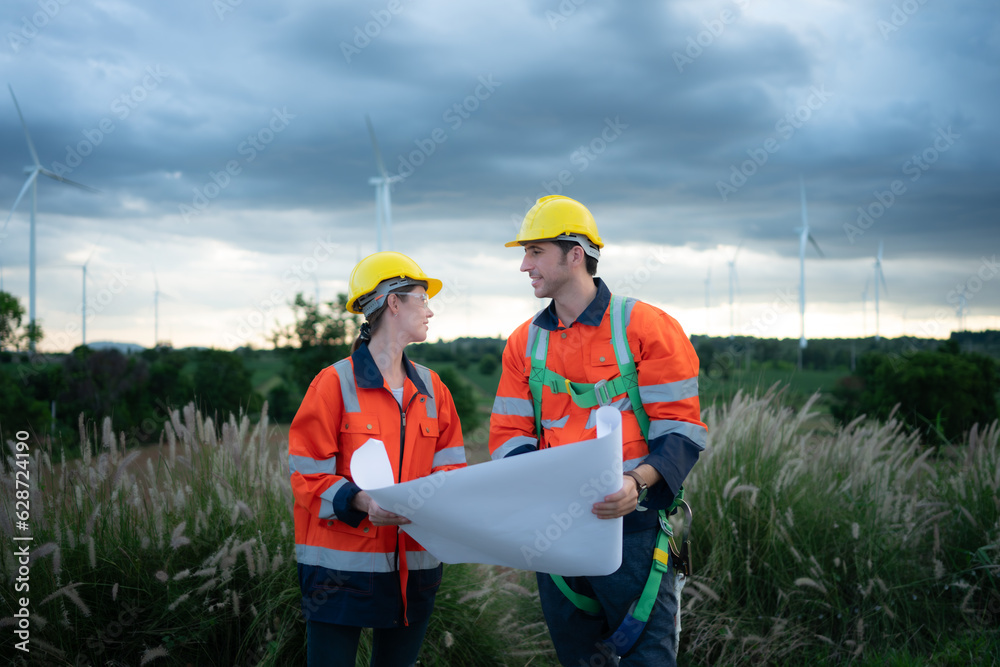 Two engineers working on a construction site with wind turbines in the background