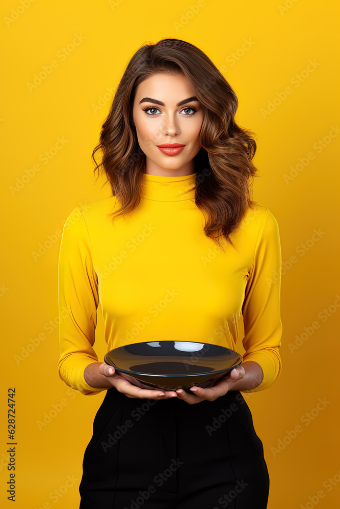Young beautiful stylish woman holding an empty plate or dish isolated on yellow background Young beautiful stylish woman holding an empty plate or dish isolated on yellow background