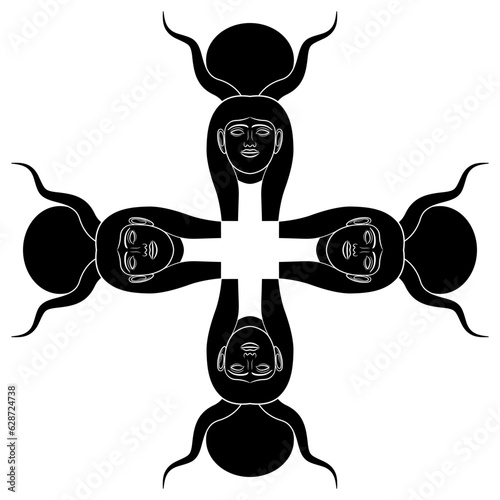 Square cross shape ethnic design with four heads of ancient Egyptian goddess Hathor with animal horns and solar disks. Black and white silhouette.