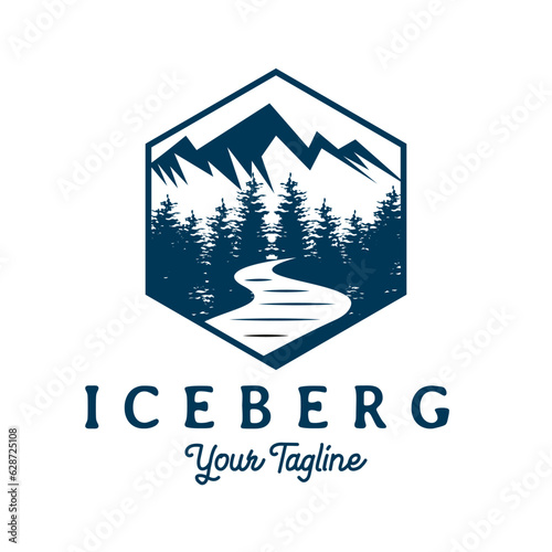 Ice Snow Mountain Hill Creek River and Pine Trees Vintage Retro Style for Adventure Badge Logo Design Vector
