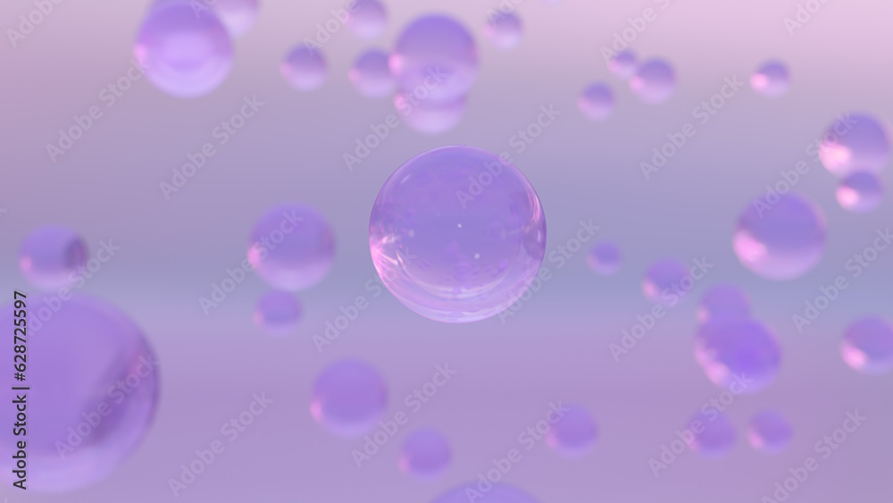 3D rendering Cosmetics Serum bubbles on defocus background. Miracle bubble design for cosmetics. Transparent balls, holographic liquid blobs floating in space, and artistic bubbles.