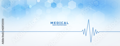 digital medical care hexagon pattern banner with cardio line graph