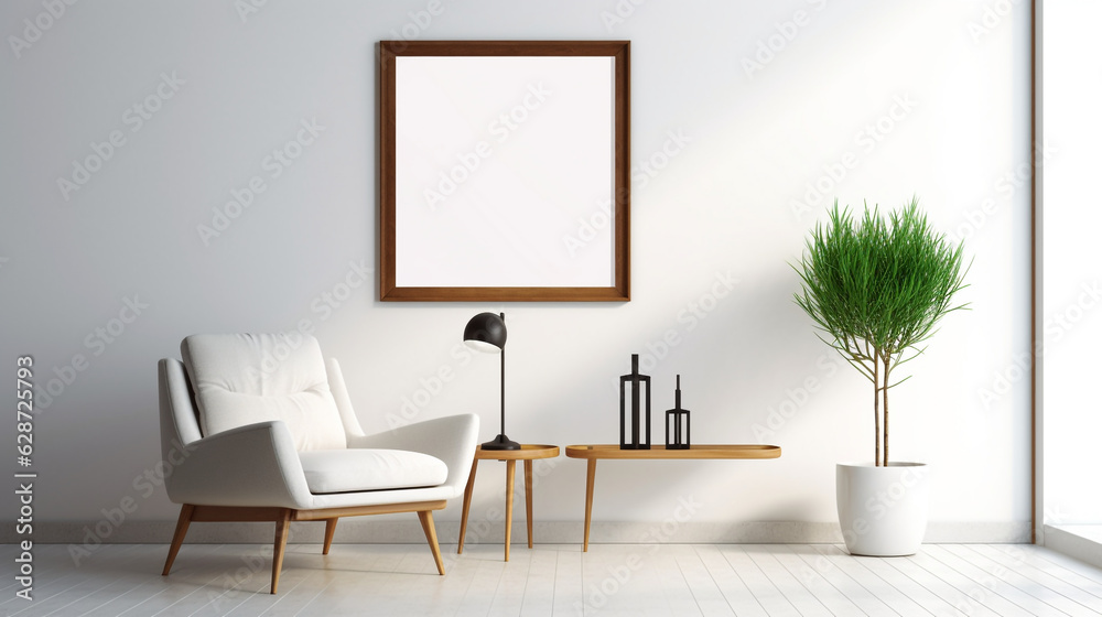 A clean and sleek modern interior with a white wall serving as the backdrop for an empty square frame mockup A clean and sleek modern interior with a white wall serving as the backdrop for an empty square frame mockup