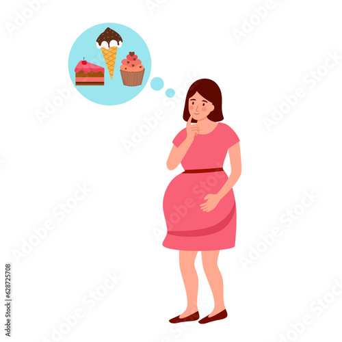 Hungry pregnant woman thinking of sweet food.