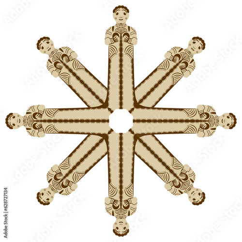 Round star shape ethnic mandala with figurines of Mycenaean mother goddess. Feminist symbol. Archaic ancient Greek women. Isolated vector illustration.