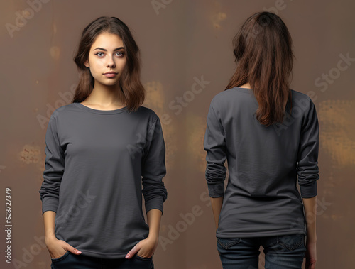 Woman wearing a grey T-shirt with long sleeves. Front and back view
