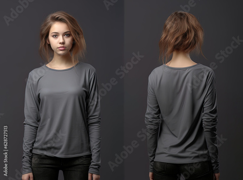 Woman wearing a grey T-shirt with long sleeves. Front and back view