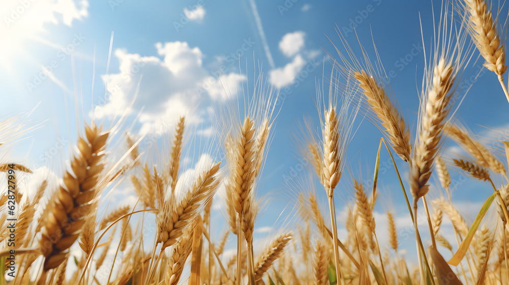 View of golden wheat field with blue sky in background View of golden wheat field with blue sky in background