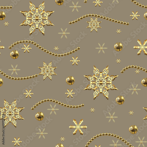 Seamless pattern on the theme of the new year and Christmas with snowflakes, balls, Christmas tree branches, Golden color