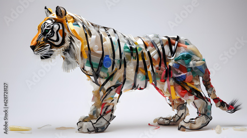 A picture of tiger made plastic bottle and other plastic trash from sea, on white background photo