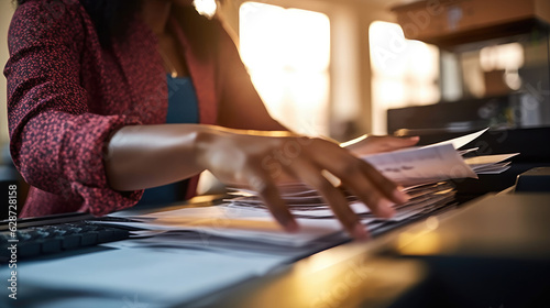 Close-up of a career woman printing assignments using an office printer at her desk