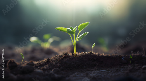The seedling are growing from the rich soil to the morning sunlight