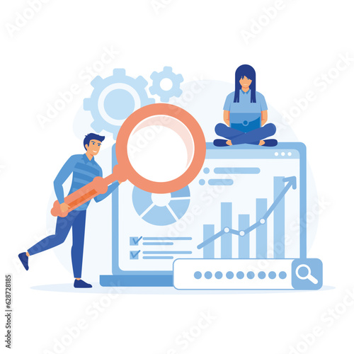 business finance investment concept, people working for data analytics and monitoring on web report dashboard monitor, flat vector modern illustration