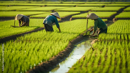 Fotografia Traditional method of rice planting, farmers planted seedlings in green rice fie