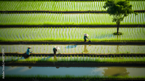 Traditional method of rice planting, farmers planted seedlings in green rice fields, long shot