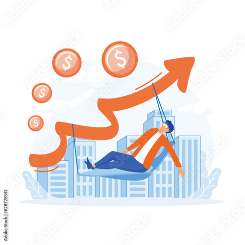 Passive income from crypto or stock, Businessman investors relax and sleep on cribs and growing graphs. flat vector modern illustration   
