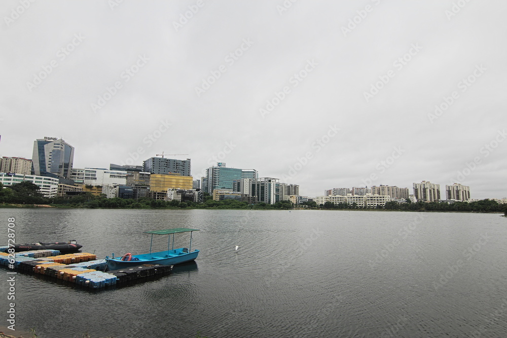 Naklejka premium BIrd Flying over Durgam Cheruvu Lake Hyderabad, India