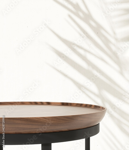 Brown wooded round pedestal side table podium, steel leg, in sunlight, palm tree leaf shadow on white cement wall. Luxury cosmetic, skincare, beauty, body care, fashion product display background 3D