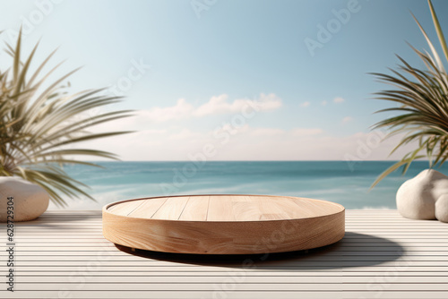 Wooden display on the sea beach for product Generative ai © sakepaint