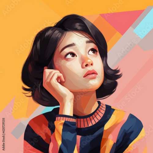 Asian girl in thinking and doubts oil painted illustration. Young woman character with dreamy face on abstract background. Ai generated bright drawn colorful acrylic poster. © Vector Juice
