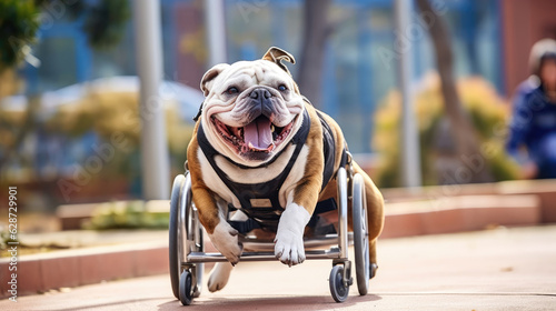 A Happy bulldog with a disabled leg using a wheelchair for a walk around the vet clinic