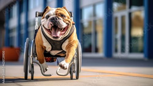 A Happy bulldog with a disabled leg using a wheelchair for a walk around the vet clinic