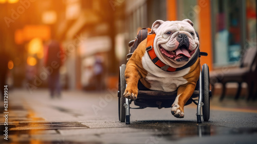 A Happy bulldog with a disabled leg using a wheelchair for a walk around the vet clinic