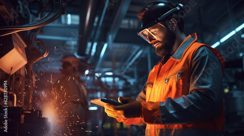 A dedicated mechanical engineer in a modern factory setting, A mechanical engineer is checking a modern welding robotic arm using a tablet in hand © didiksaputra
