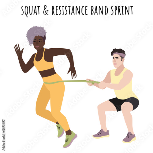 Squat and resistance band sprint partner workout