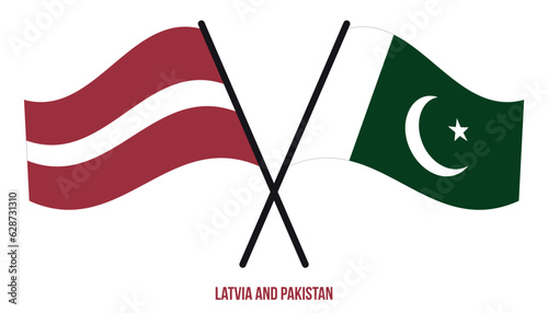 Latvia and Pakistan Flags Crossed And Waving Flat Style. Official Proportion. Correct Colors.