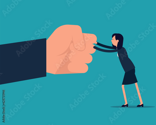 Fighting back a giant fist. Protecting from violence in office concept