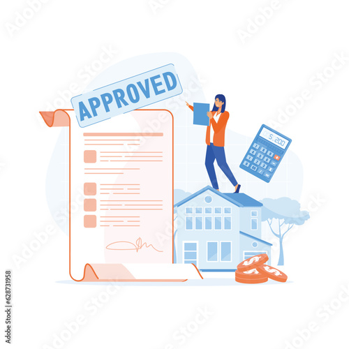 Mortgage process, People buying property with mortgage. Characters getting bank approval, flat vector modern illustration 