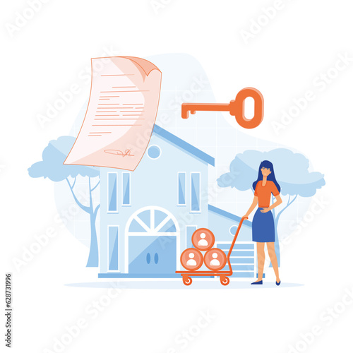 Mortgage process, People buying property with mortgage. receiving house keys, flat vector modern illustration 