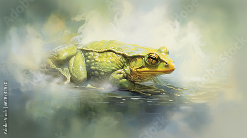 Bullfrog amid white smoke, a mystical vision where nature's essence intertwines with an air of intrigue and enigmatic allure