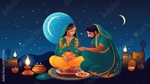 Indian woman performing Hindu married festival ritual of Karwa Cahuth looking moon through sieve.illustration