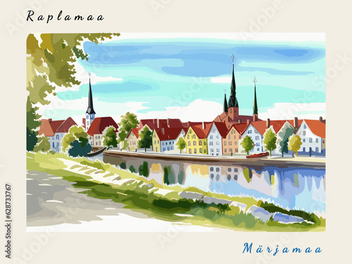 Märjamaa: Postcard design with a scene in Estonia and the city name Märjamaa