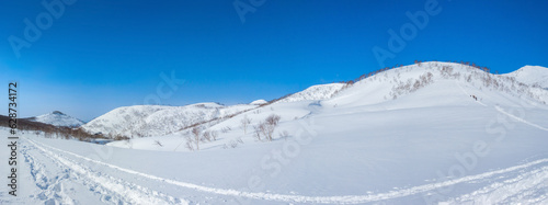 Ski tracks and footprints on a snow covered field (Niseko, Hokkaido, Japan) photo