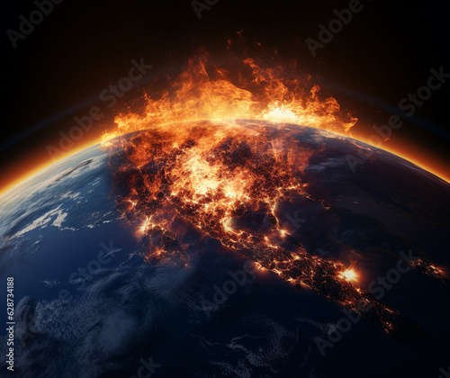 A Planet Afire: Space View of Earth in Crisis, Generative AI © Adolfo Perez Design