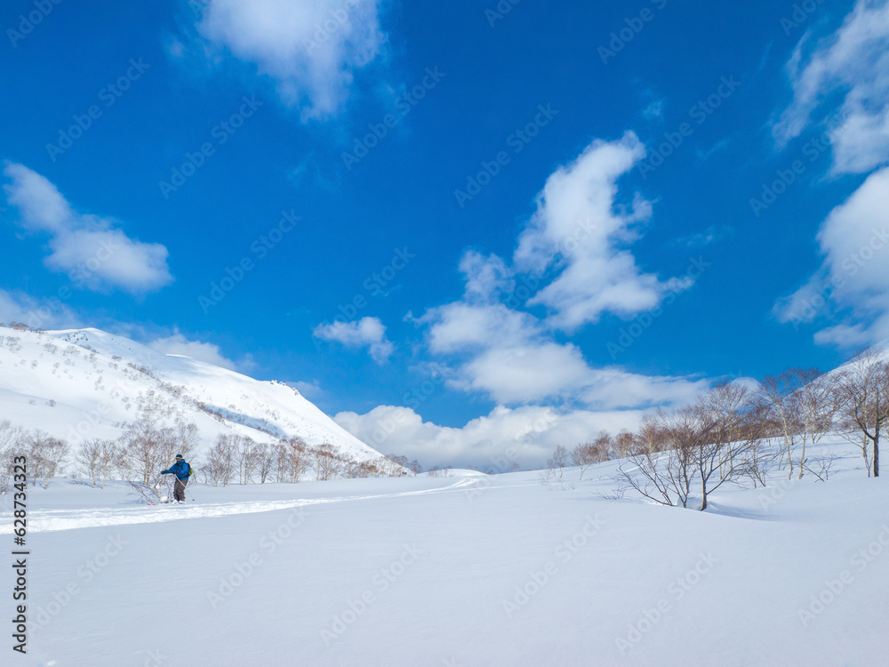 Man skiing in the middle of snowfield (Niseko, Hokkaido, Japan) Man skiing in the middle of snowfield (Niseko, Hokkaido, Japan)