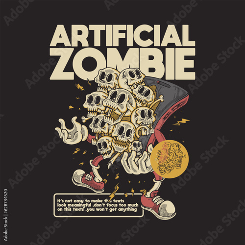 retro cartoon illustration of skulls emerging from smartphone