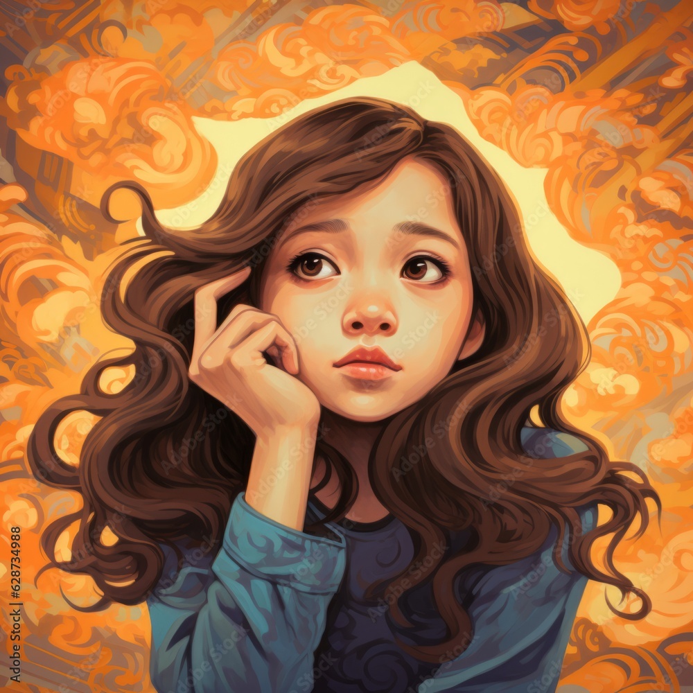 Asian girl in thinking and doubts cartoon illustration. Cute kid character with dreamy face on abstract background. Ai generated bright drawn colorful poster. Asian girl in thinking and doubts cartoon illustration. Cute kid character with dreamy face on abstract background. Ai generated bright drawn colorful poster.
