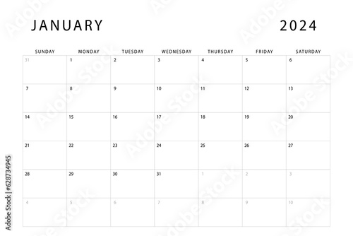 January 2024 calendar. Monthly planner template. Sunday start. Vector design
