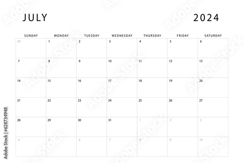 July 2024 calendar. Monthly planner template. Sunday start. Vector design