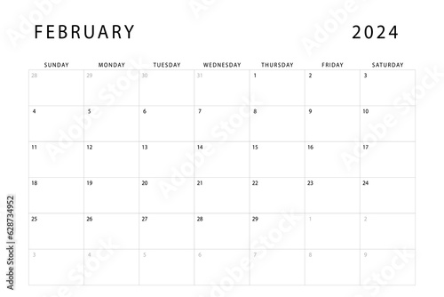 February 2024 calendar. Monthly planner template. Sunday start. Vector design
